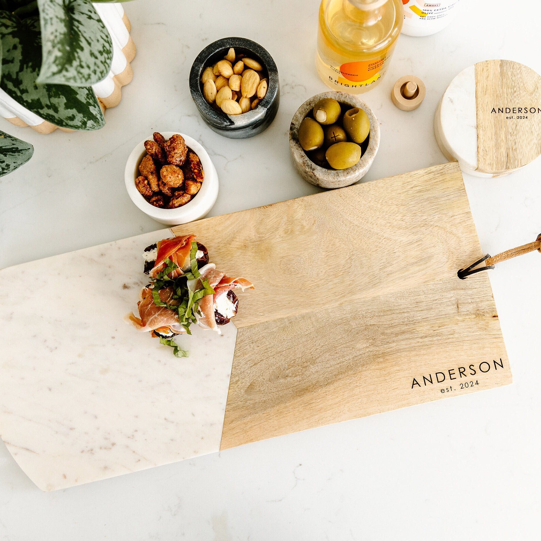 Charcuterie Board Set, Personalized Cheese Board, 4 Marble and Wood Coasters, marble appetizer bowls and brass Spreader included