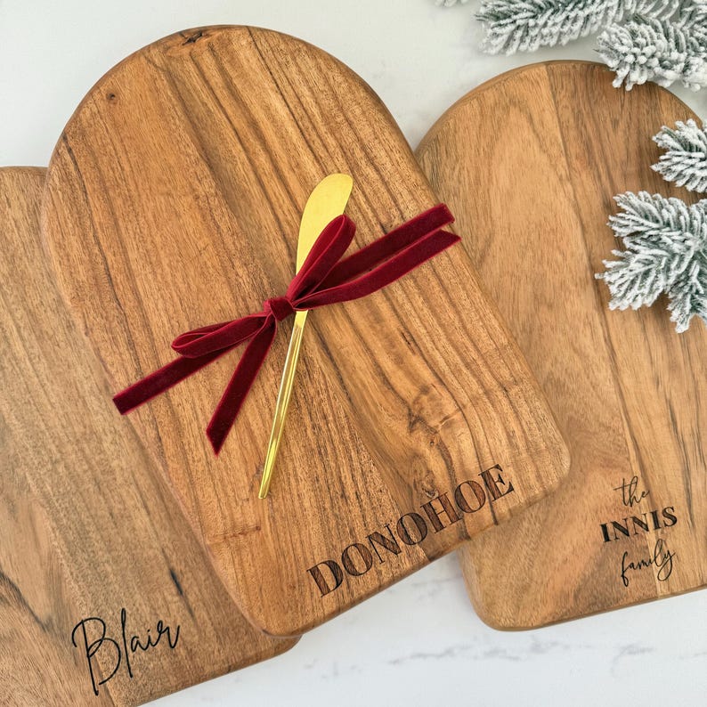 Personalized Charcuterie Board with Brass Spreader - Solid Acacia Wood Cutting Board image 11
