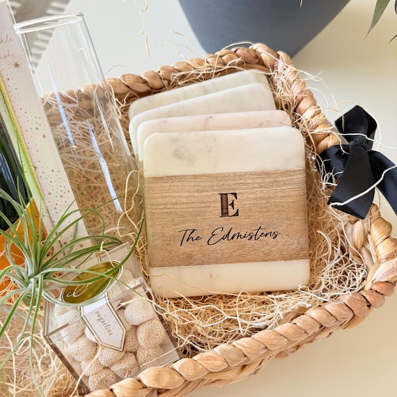 Personalized Marble & Mango Wood Coasters: Laser Engraved Gift