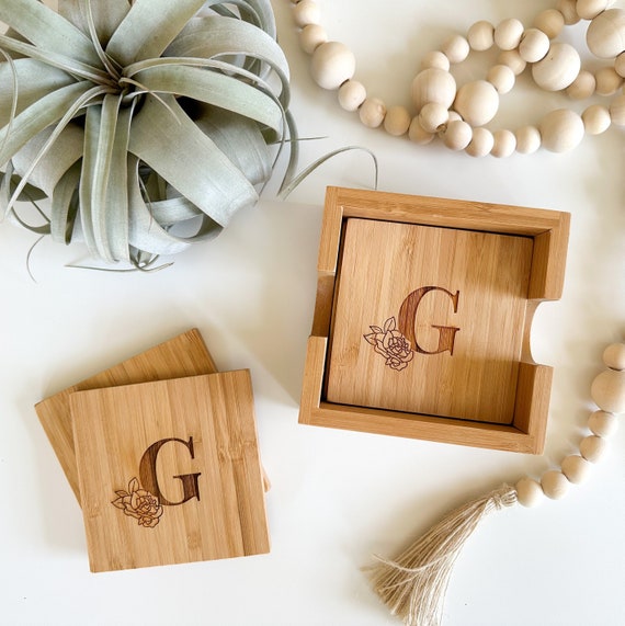 Personalized Coasters | Monogramed Coasters | Set of 4 Coasters with holder | Gifts for the Home | Bridesmaid Gift