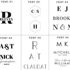 May include: A graphic design image showing 10 different font styles for names and initials. The fonts are displayed in black and white on a white background. The fonts are numbered 1 through 10.