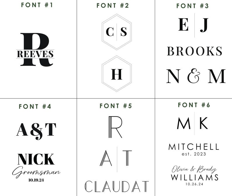 May include: A graphic design image showing 10 different font styles for names and initials. The fonts are displayed in black and white on a white background. The fonts are numbered 1 through 10.