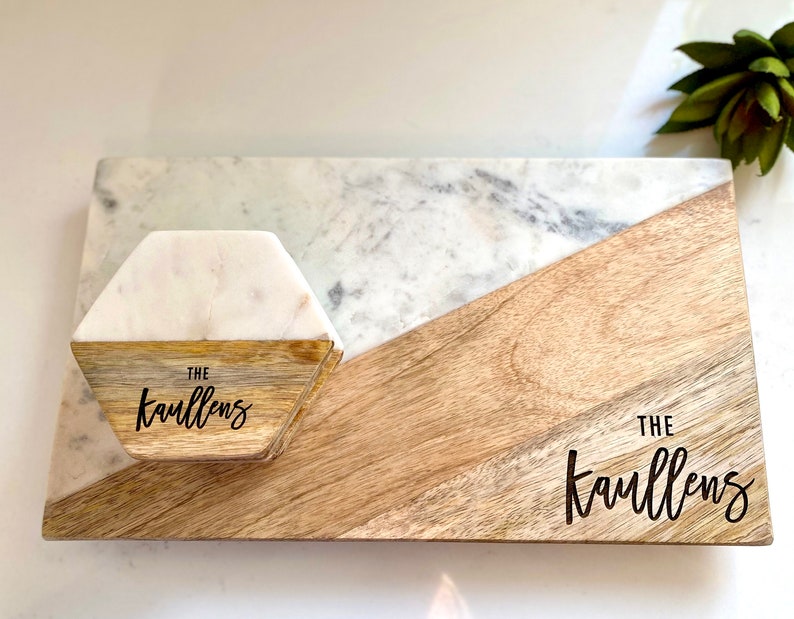 Marble and Mango Wood board w/brass feet | Charcuterie Board | Personalized Cheese Board | Wedding Gift | Engagement Gift | Cutting Board 