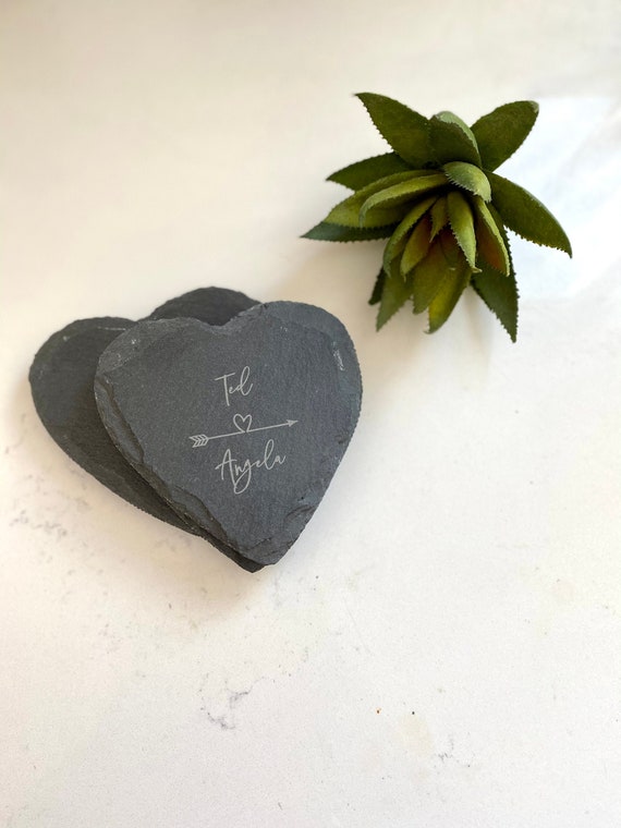 Personalized Heart Coasters | Slate Coaster Set | Set of 4 Heart Shaped Coasters | Valentines Day Gift