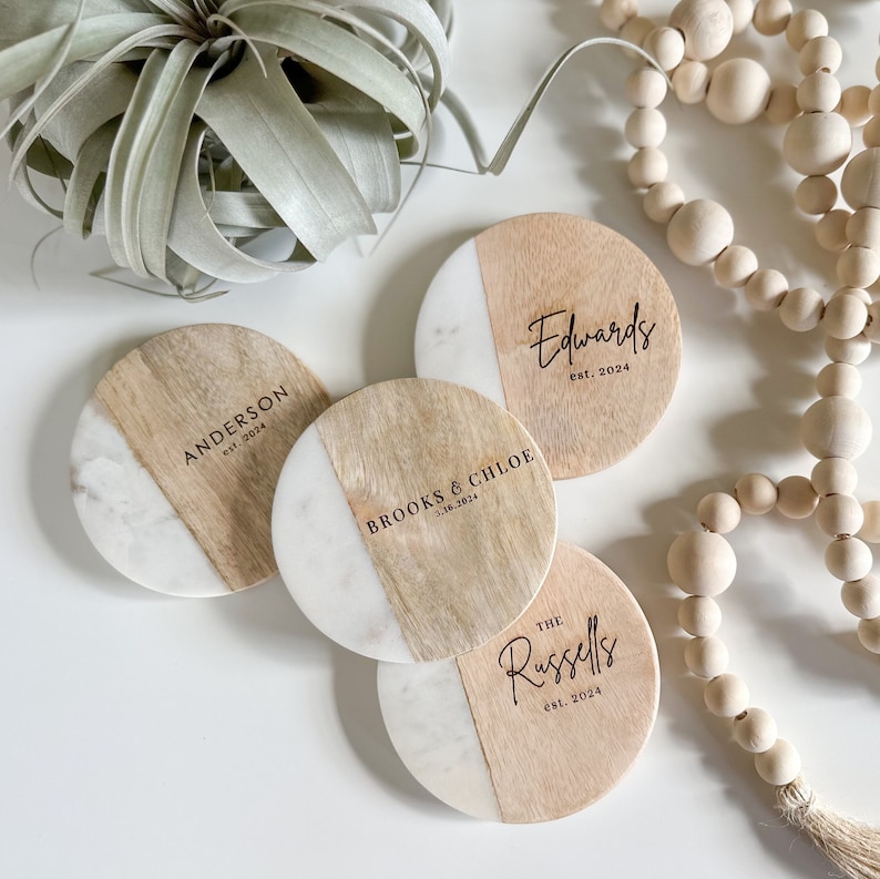 Custom Coasters, Personalized Wedding Gift, Engagement Gift, Housewarming Gift, Realtor Closing Gift, Family Gift,Set/4 Marble Wood Coasters image 2