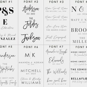 May include: A grid of eight different font styles with various names and phrases. The fonts are used for personalized signs, including family names, established dates, and home addresses. The text is in black on a light gray background.