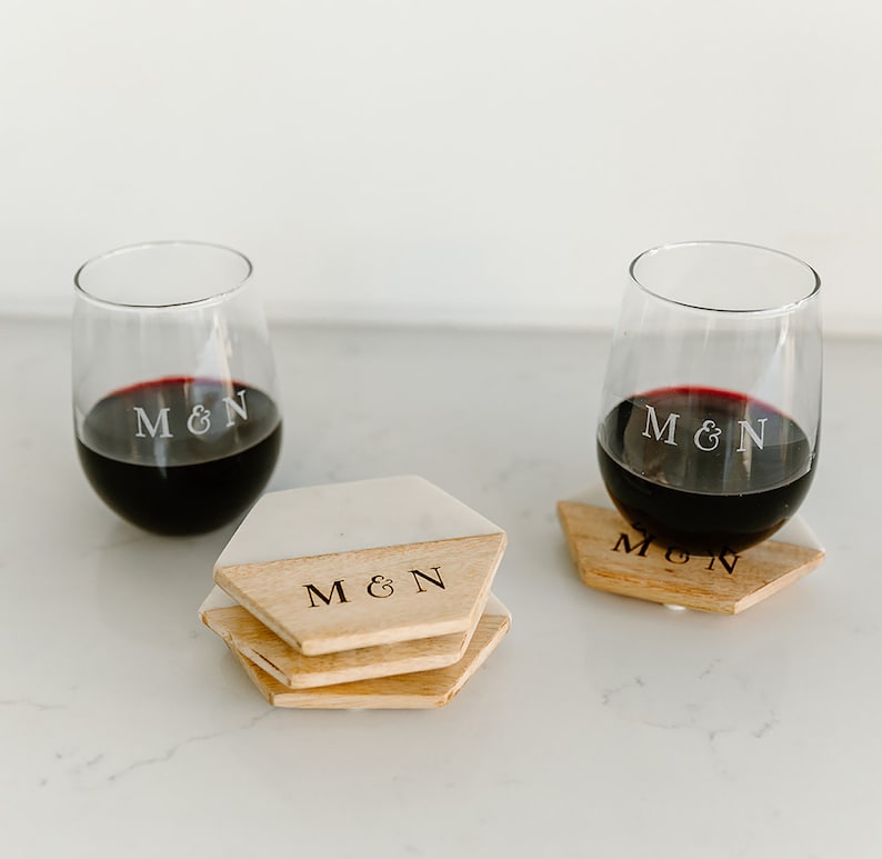 Personalized Coasters, Wedding Gift, Housewarming Gift, Custom Coaster Set, Set of 4 marble and Wood Hexagon Coasters, Engagement gift image 2