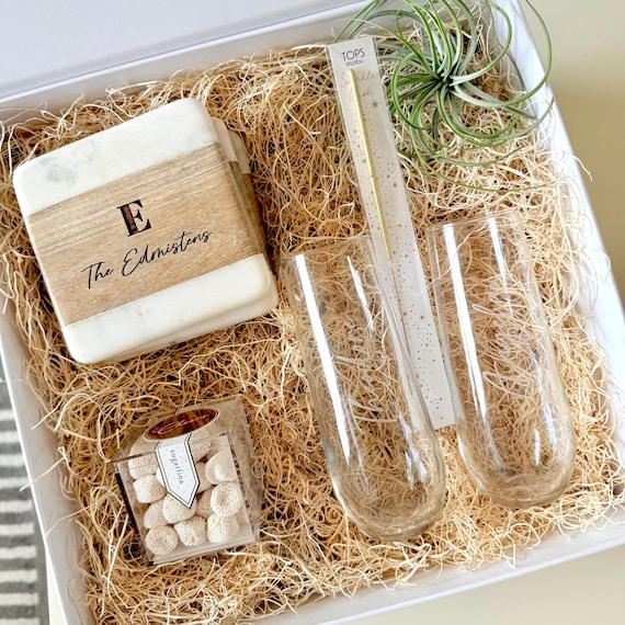 Personalized champagne glasses and coasters - Congratulations Curated Gift Box for couple