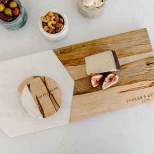 Marble and Wood Cheese Board and Spreader Set, Wedding Gift, Serving Tray, Charcuterie Board, Housewarming Gift, Gift for the Home image 3