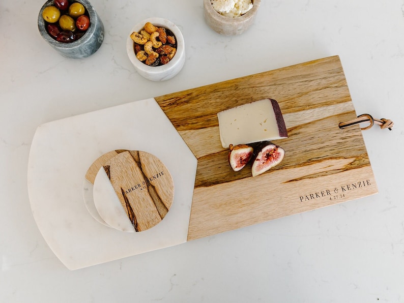 Marble and Wood Cheese Board and Spreader Set, Wedding Gift, Serving Tray, Charcuterie Board, Housewarming Gift, Gift for the Home image 3