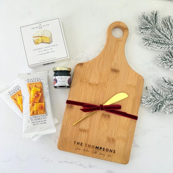 Personalized Bamboo Charcuterie Board Gift Set with Spreader, Cheese, Crackers and Fig Spread