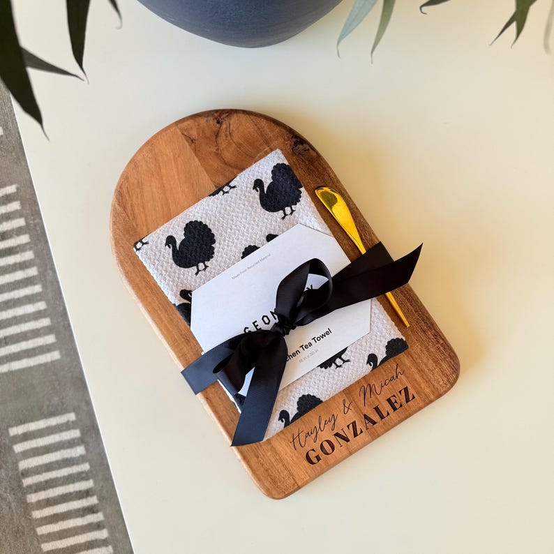 Personalized Charcuterie Board with Brass Spreader - Solid Acacia Wood Cutting Board image 7