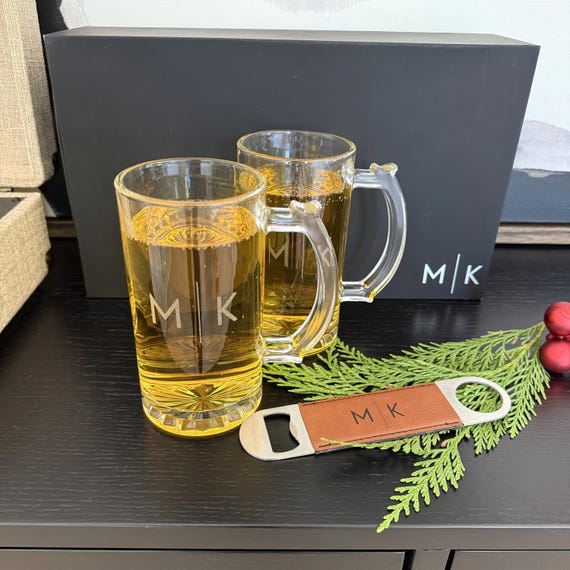 Personalized Beer Glasses Gift Set: 2 Engraved Beer Mugs, Bottle Opener and Custom Box