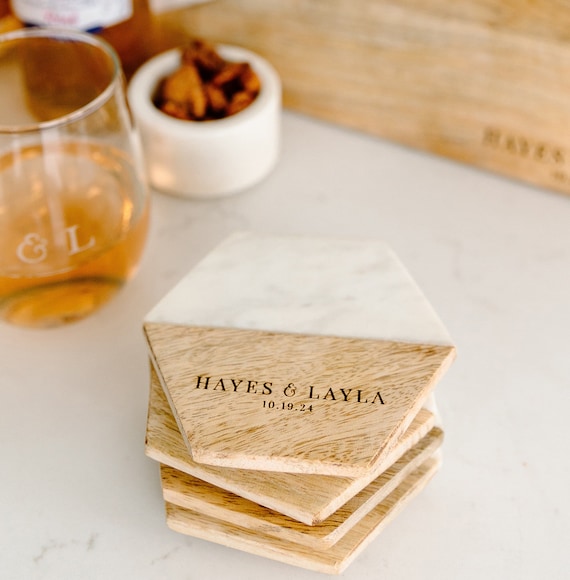 Personalized Coasters, Wedding Gift, Housewarming Gift, Custom Coaster Set, Set of 4 marble and Wood Hexagon Coasters, Engagement gift |
