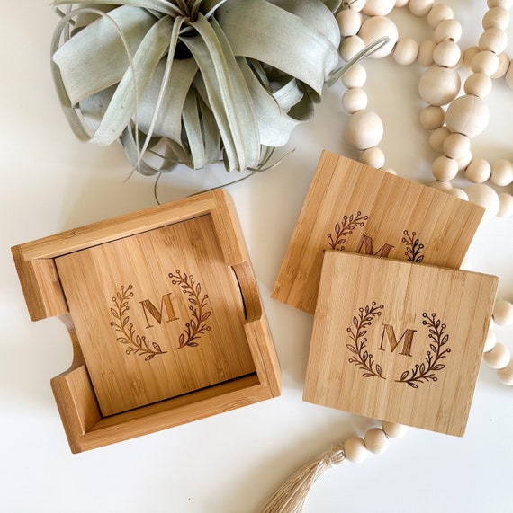 Personalized Coasters, Custom Wood Coasters, Bamboo Coaster Set with Holder, Monogramed Engraved Christmas Gift, Wedding Engagement Gift