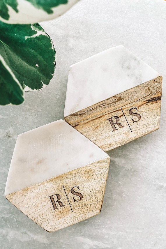 Custom Engraved Coasters , Hexagon Coaster Set 0f 4, Marble & Wood Coasters, Personalized Coasters, Wedding Gift, Housewarming Gift
