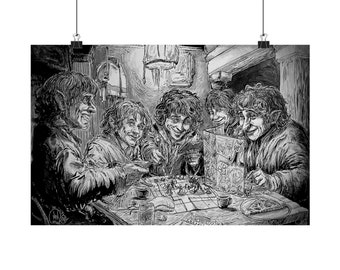 Hobbits spelen D&D - Matte horizontale posters originele kunst door FWACATA D20 RPG decoratie NERD geek cadeau Perfect voor speelkamer