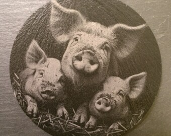 Dessous de verre édition Farmyard Pigs en ardoise naturelle 10 x 8 mm