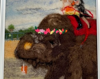 Needle felting or embroidering illustrated US scenes