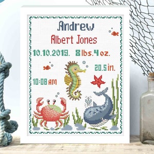 Baby birth announcement cross stitch pattern pdf. Under the sea nursery theme for baby boy girl. Personalized DIY. Digital file AXS0302