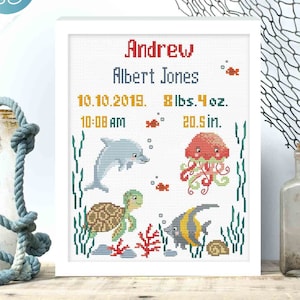 Baby birth announcement cross stitch pattern pdf. Under the sea nursery theme for baby boy girl. Personalized DIY. Digital file AXS0303