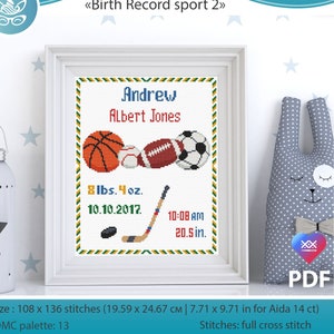 Baby birth announcement cross stitch pattern pdf. Sport nursery theme for baby boy girl. Personalized DIY. Digital file AXS0522