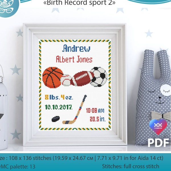Baby birth announcement cross stitch pattern pdf. Sport nursery theme for baby boy girl. Personalized DIY. Digital file AXS0522