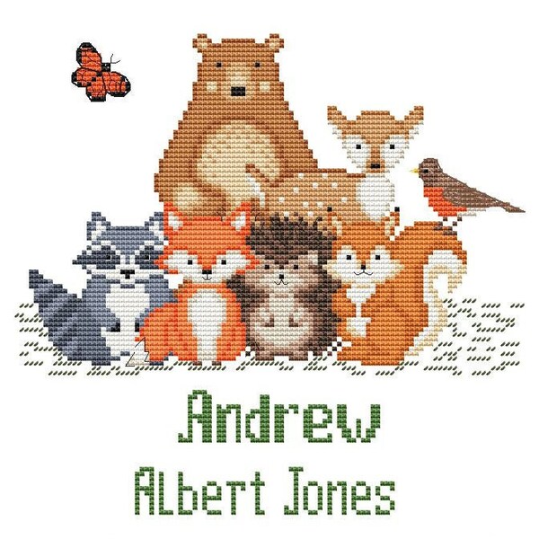 Forest Friends cross stitch birth announcement pattern pdf. Woodland nursery theme for baby boy girl. Personalized DIY. Digital file AXS0095