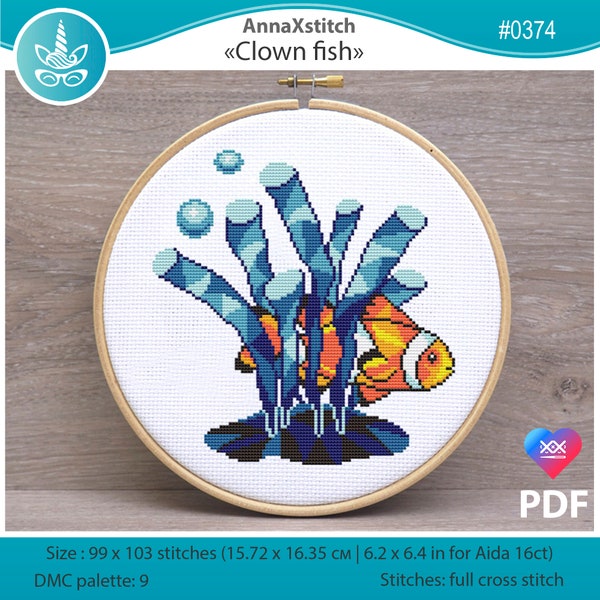 Modèle de point de croix poisson clown de l'océan pdf. Sous la mer - décor de pépinière géométrique - point de croix facile pour débutant AXS0374