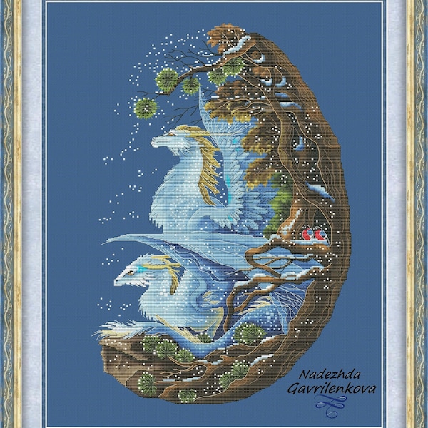 Snow dragons. Cross Stitch Pattern. Cross Stitch Design. Digital. PDF. Saga. NadGavr 1018. Dragon cross stitch