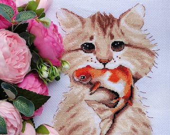 Cat With Fish Cross Stitch Embroidery Cat Stylish Cross Stitch Kitten Cat Fish Stitch Cross Stitch Pattern PDF Instant Download Milana2056