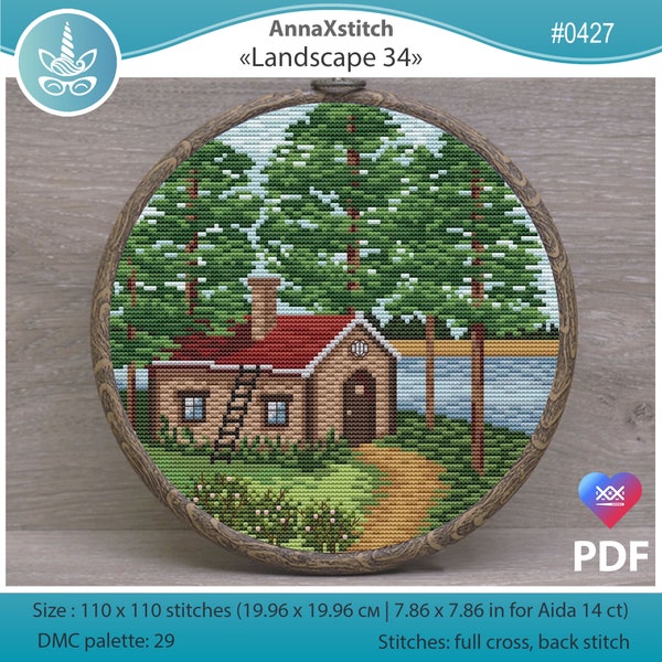 Round landscape counted cross stitch pattern pdf. Forest cabin cross stitch. Home cross stith. Digital file. AXS0427