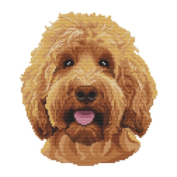 Red goldendoodle dog counted cross stitch pattern pdf. Modern pet memorial gift for doodle dog mom dad. Digital file. AXS0360