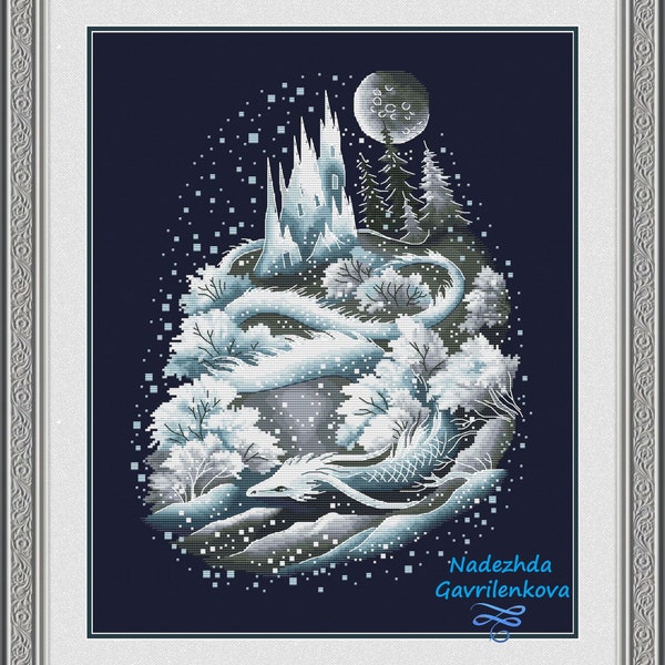 Ice dragon. Cross Stitch Pattern. Cross Stitch Design. Digital. PDF. Saga. NadGavr 1020. Dragon cross stitch