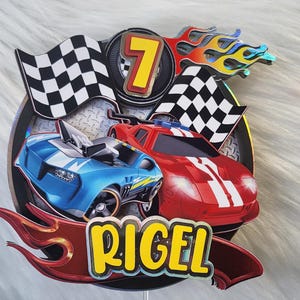 Custom Hot Wheels cake topper for boy,Handmade racing birthday topper with checkered flags,Race car birthday cake topper with name and age