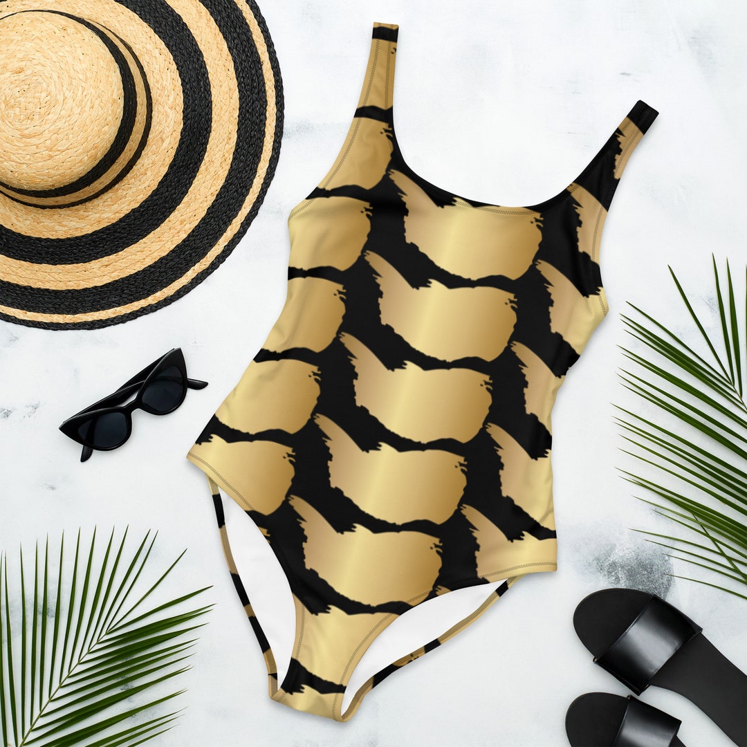 One-piece Swimsuit Black and Gold Swimsuit Gold Swim Wear - Etsy