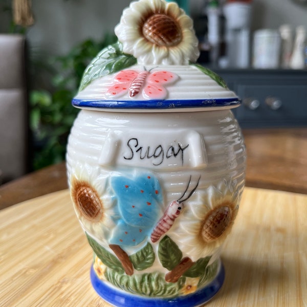Vintage Sugar Bowl Flowers and Butterfly With Lid Ceramic