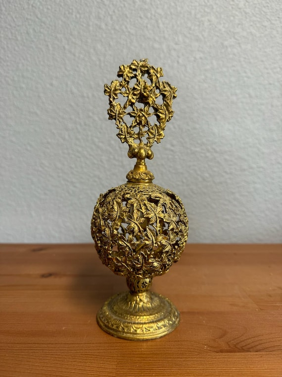 Vintage Ormolu Case Maple Leaf Brass Perfume Bott… - image 1