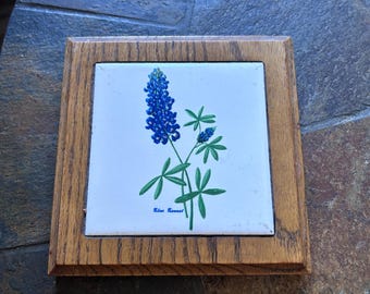 Vintage Bluebonnet Flower Tile Trivet Framed Hand Painted