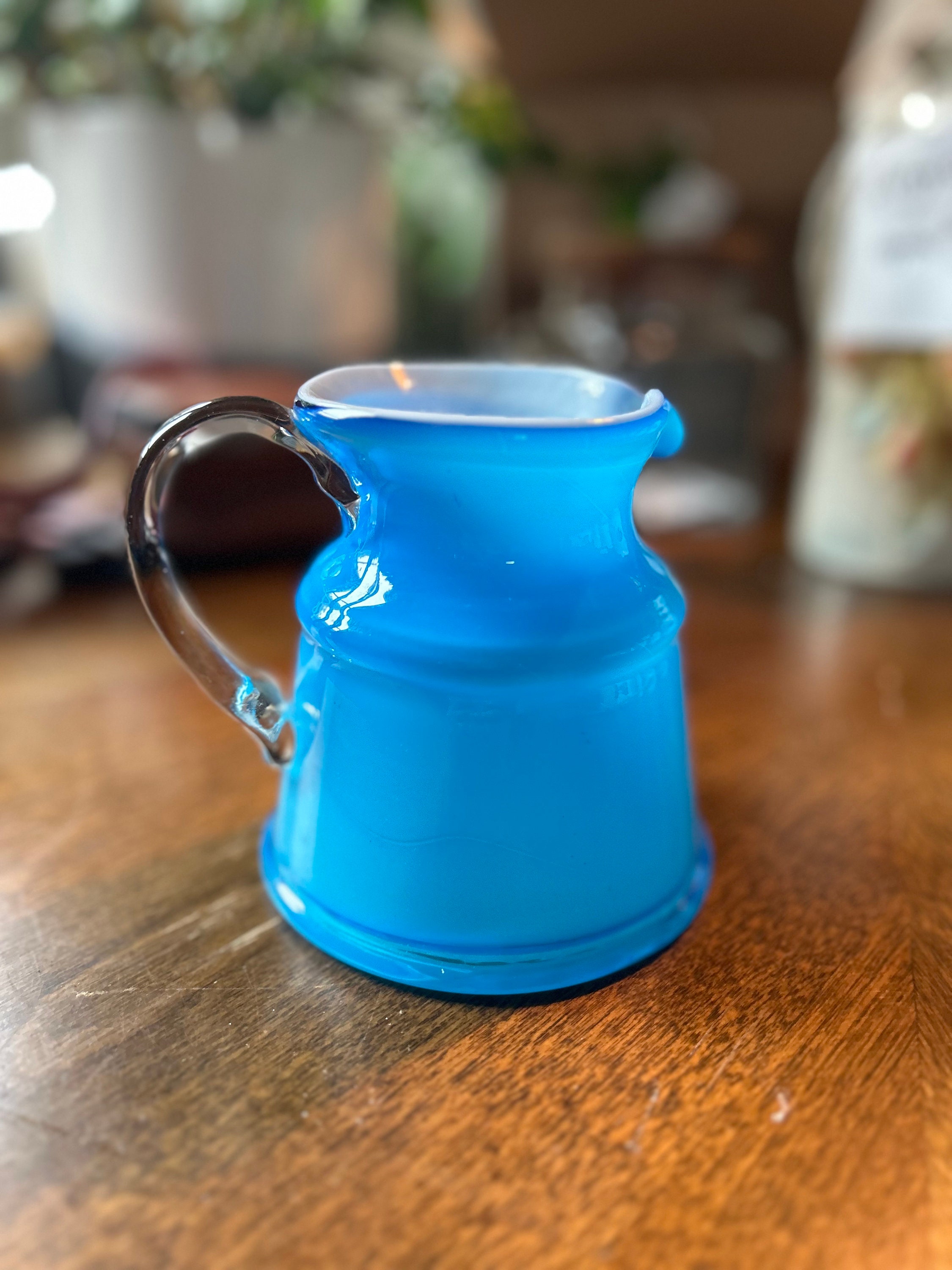 Vintage Blue Glass Small Pitcher Artist Made Clear Handle - Etsy