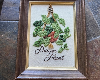 Vintage Crewel Embroidery Prayer Plant Wooden Frame