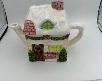 Vintage Ceramic Christmas Cottage Tea Pot