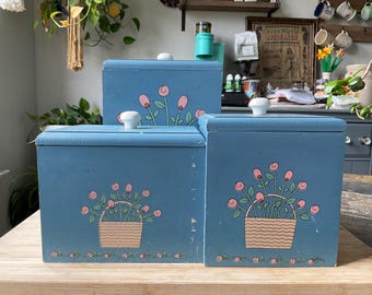 Vintage Blue Ransburg Canister Set Graduated Hand Painted