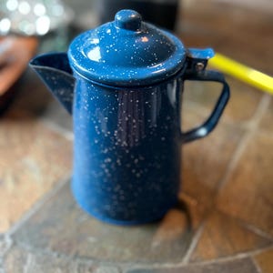 Vintage Blue Speckled Enamel Kettle Camping