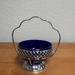Vintage Silver Plated Cobalt Blue Glass Sugar Bowl