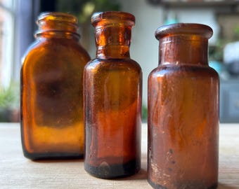 Vintage Amber Glass Small Glass Bottles Medicine Apothecary Poison