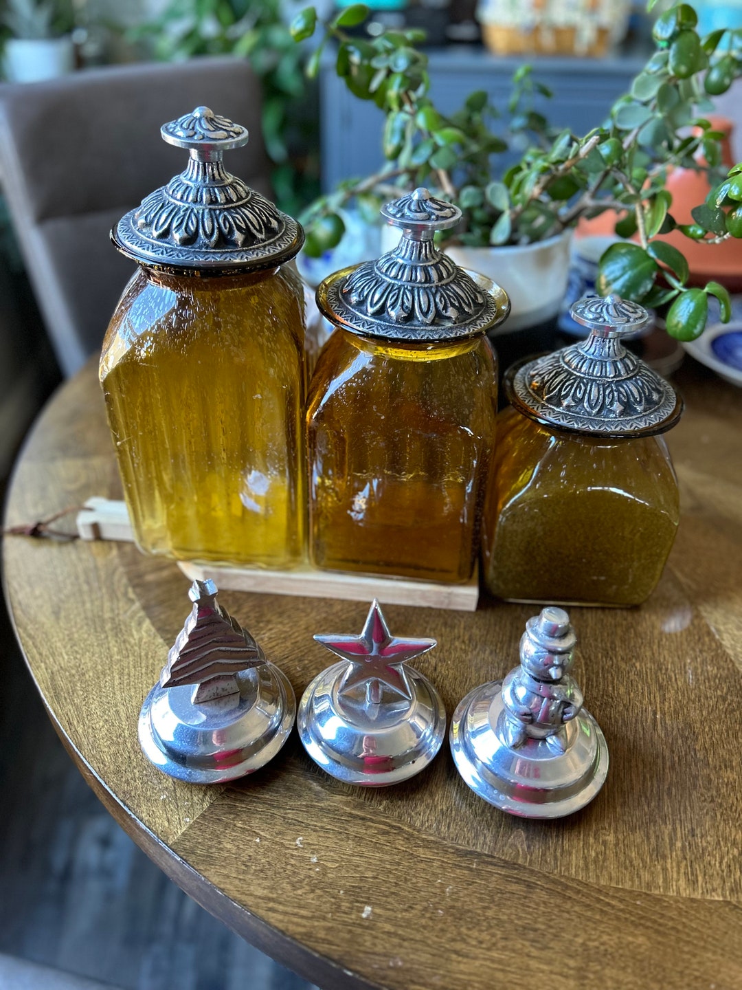 Vintage Amber Glass Canister Set of Three With 3 Extra Christmas Lids
