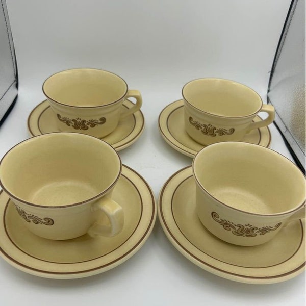 Vintage Pfaltzgraff Village Set of 4 Cups and Saucers Tan Brown