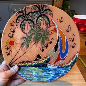 Vintage Decorative Plate Hand Painted Sail Boat Wall Hanging