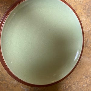 May include: A green ceramic dinner plate with a brown rim.
